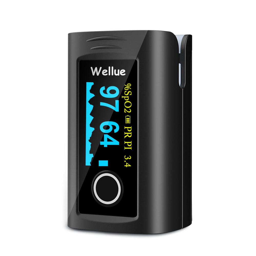 Wellue Fingertip Pulse Oximeter on finger showing quick wellness readings during workouts.