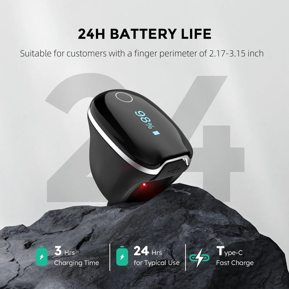Wellue O2Ring-S 24 hour battery life supports all-day monitoring.