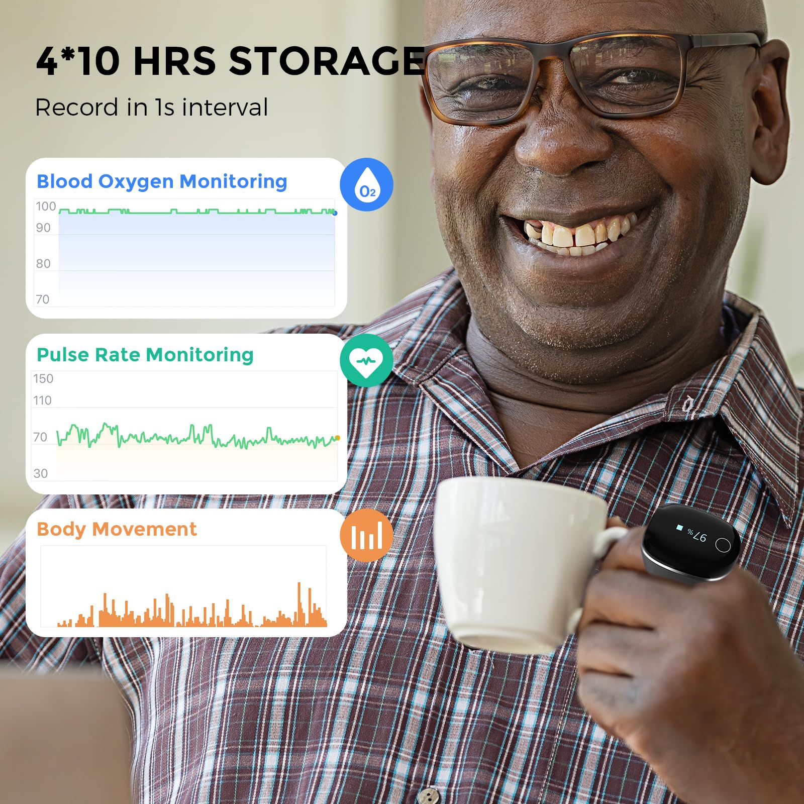 Wellue O2Ring-S vibration reminder signaling threshold events.