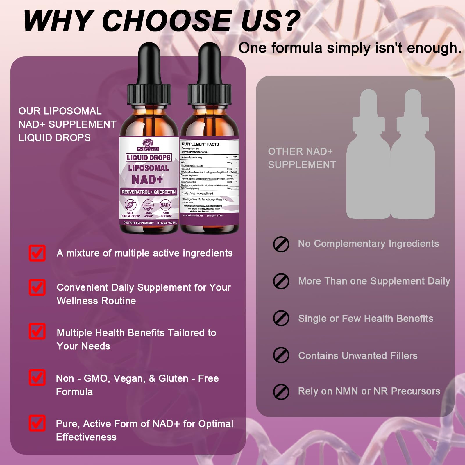 WellVeraVida NADPlus ingredients label highlights NR, resveratrol, quercetin for a potent blend