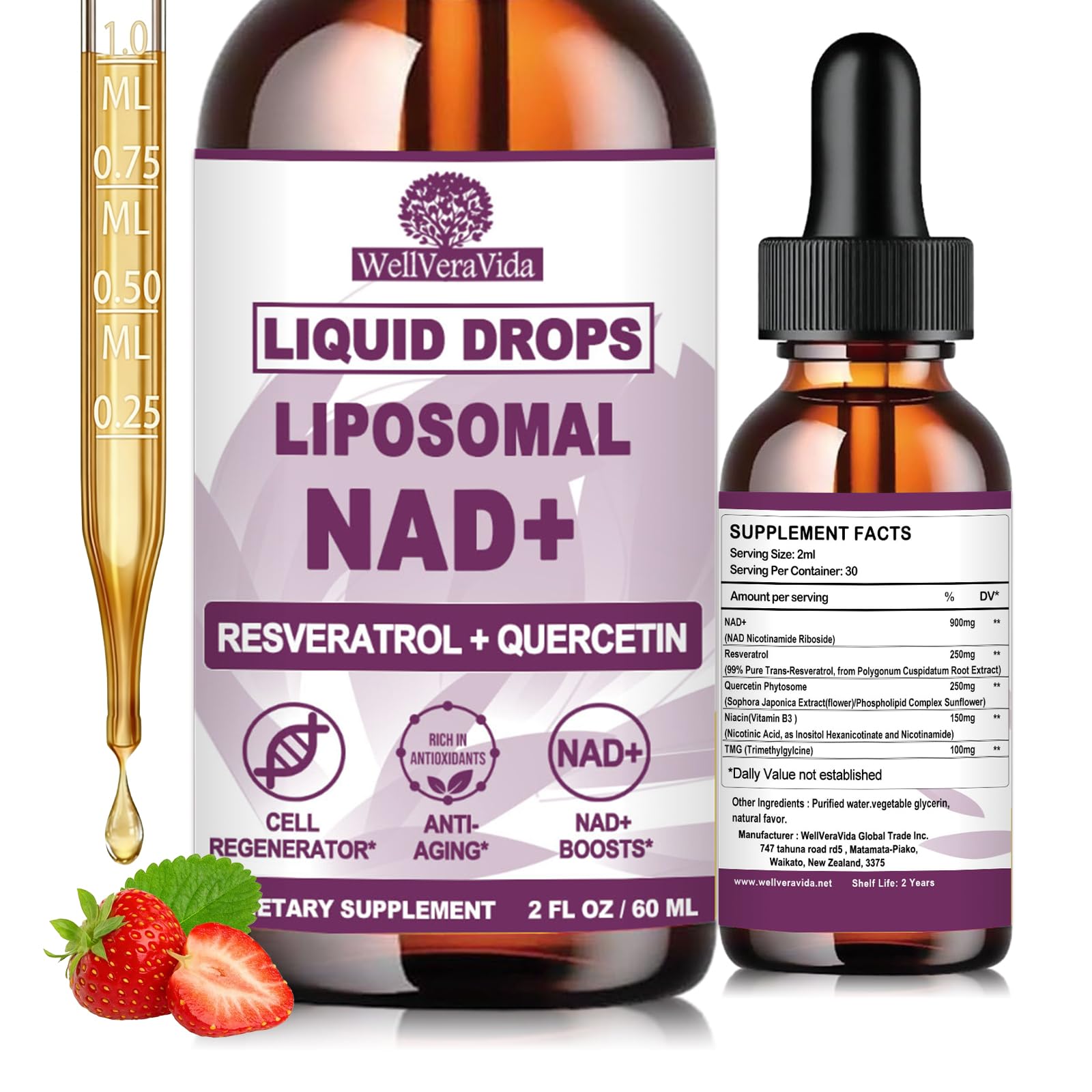 WellVeraVida NADPlus liquid drops pour showing fast absorption for daily energy support