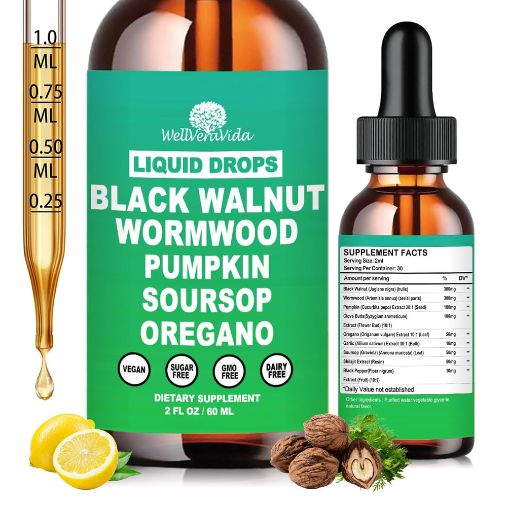 WellVeraVida wormwood walnut clove liquid bottle supports digestive wellness.