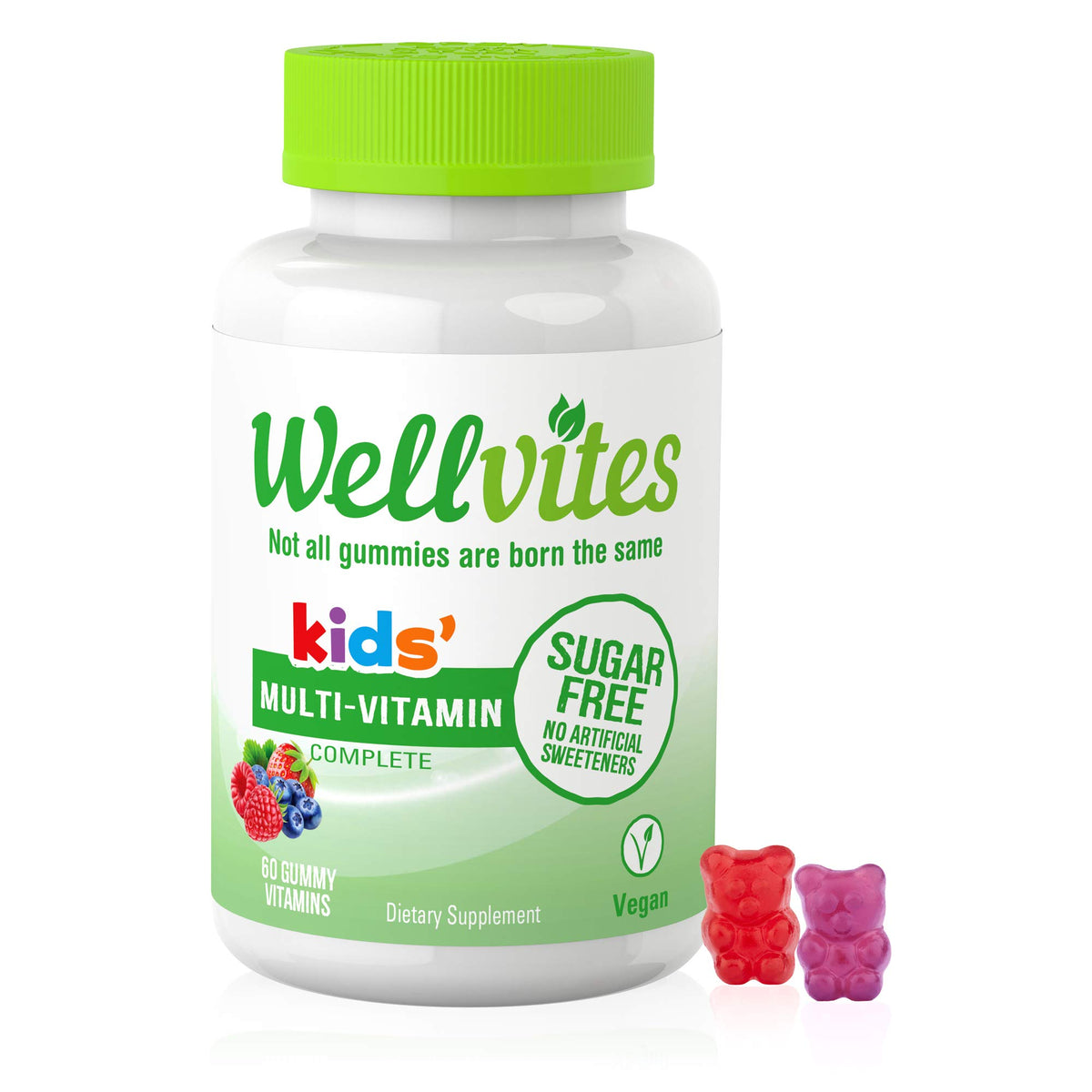 Wellvites Kids Multivitamin Gummies bottle showing vegan sugar-free formula for daily support