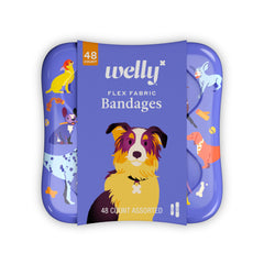 Welly Bandages with dog-pattern bravery badges on a bright tin for quick first aid.
