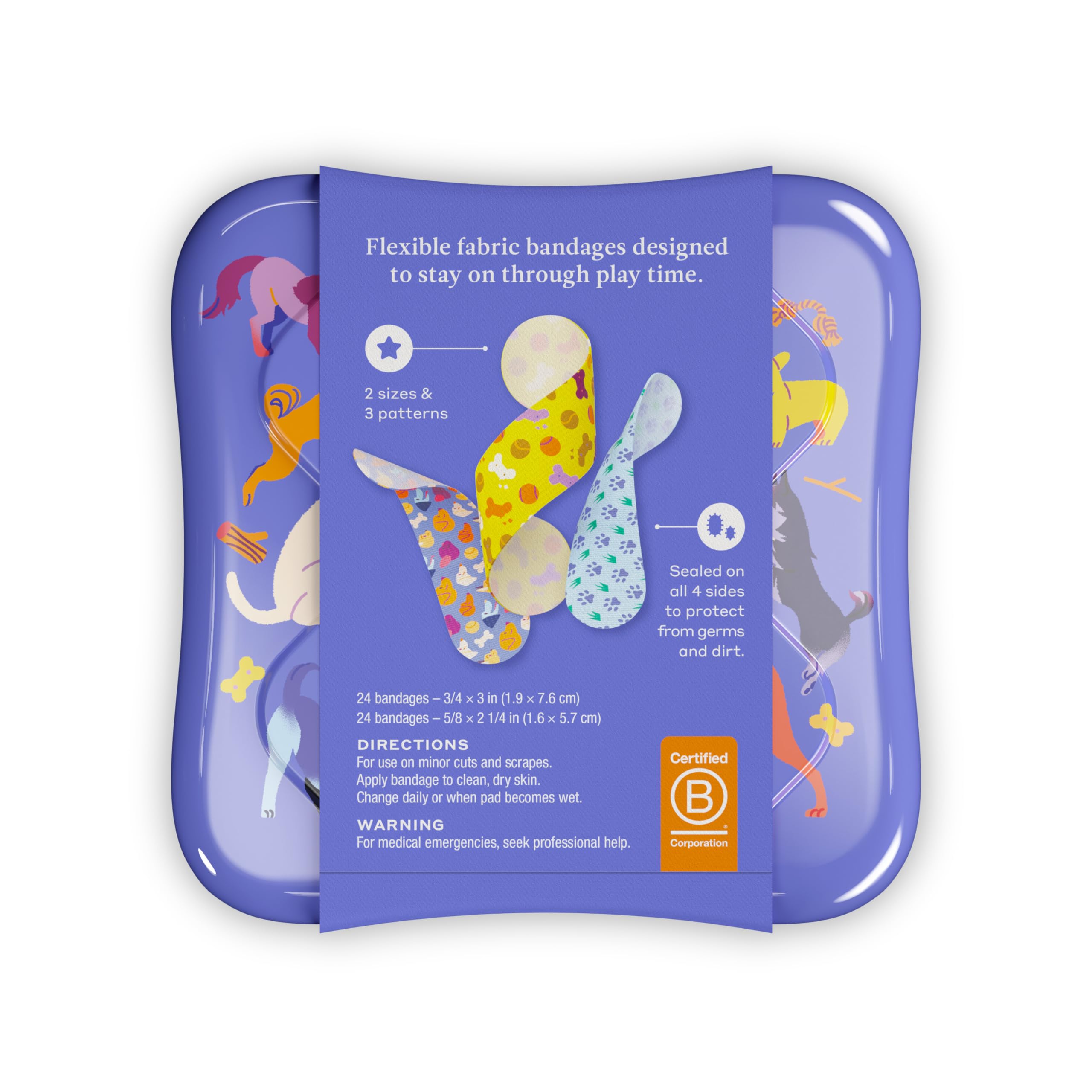 Welly Bandages in assorted shapes with flexible fabric that stays on during play.