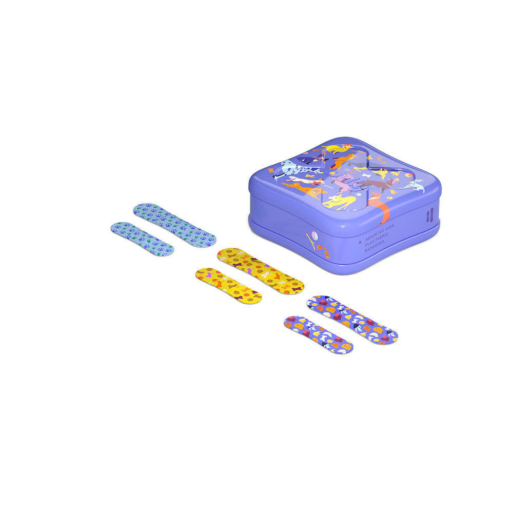 Dog-pattern bandages from Welly in kid-friendly shapes for active moments.