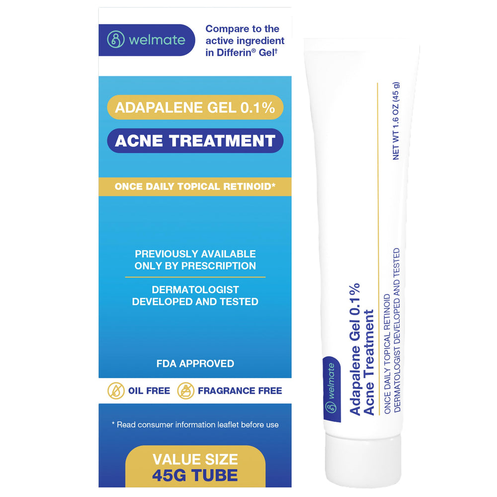 WELMATE Adapalene gel tube front view for daily acne care (fragrance-free, oil-free)