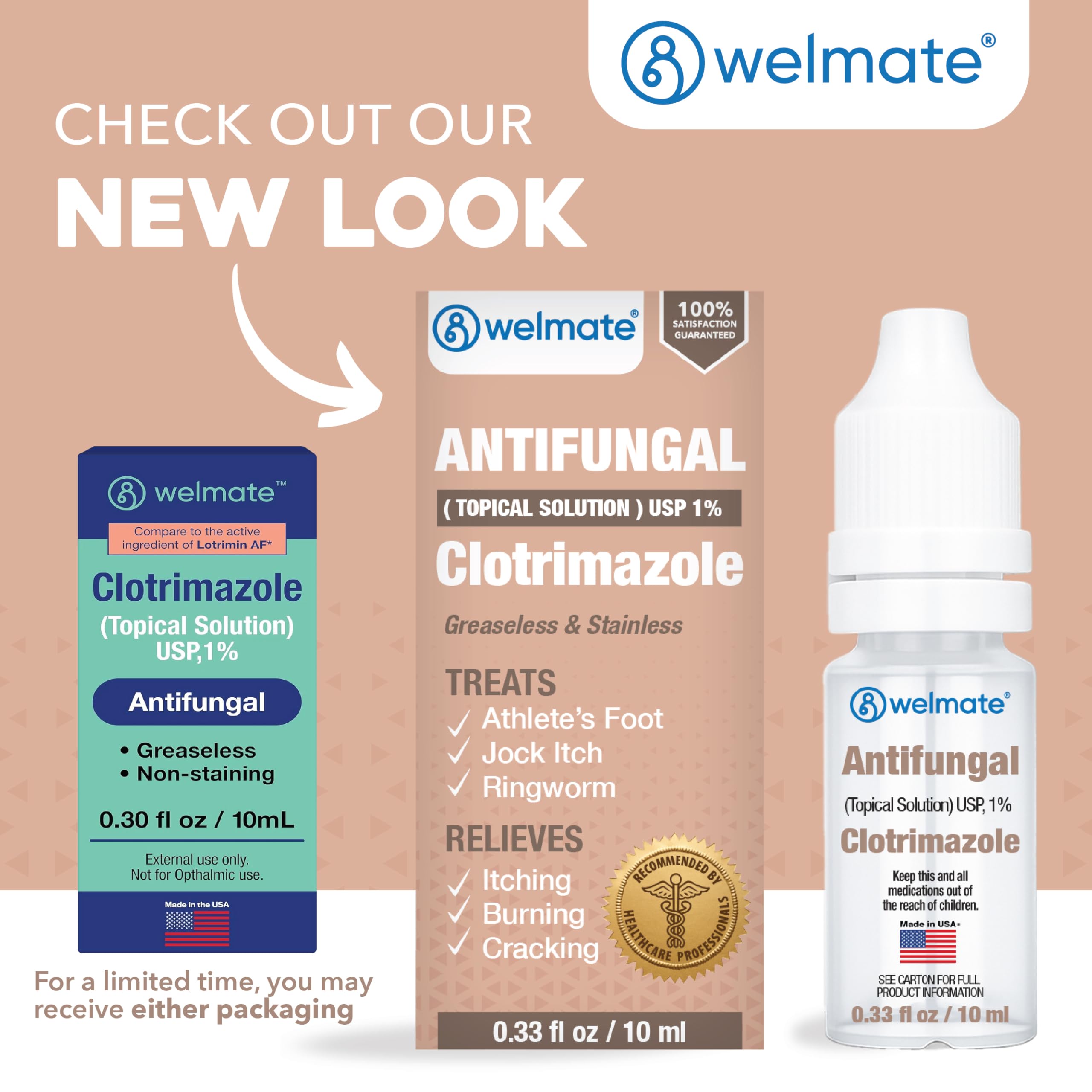 WELMATE Clotrimazole topical on skin shows greaseless formula for quick drying.