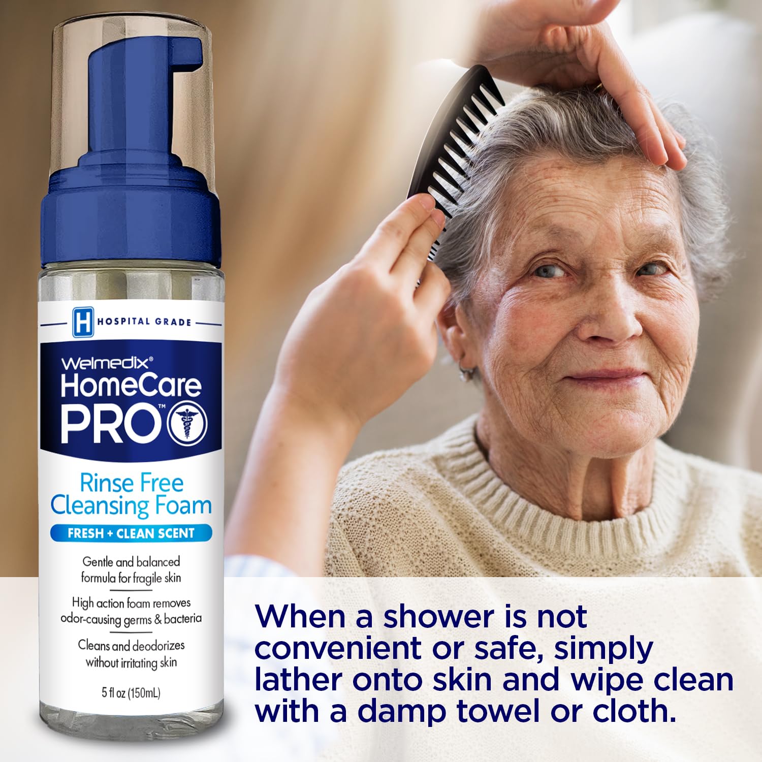 Label close-up on Welmedix No Rinse Cleansing Foam highlighting hospital-grade formula
