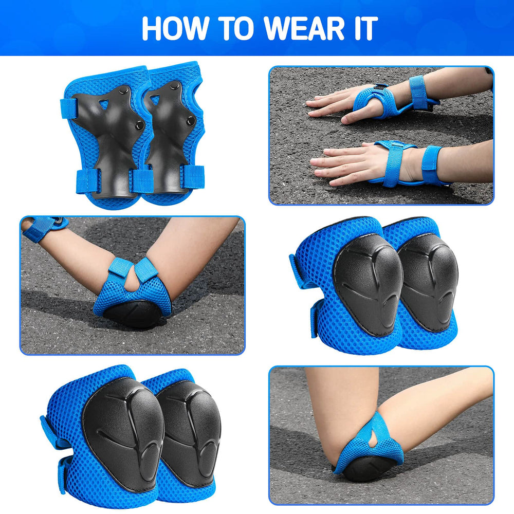 Wemfg elbow pads closeup blue, anti-scratch protection and cushioned interior