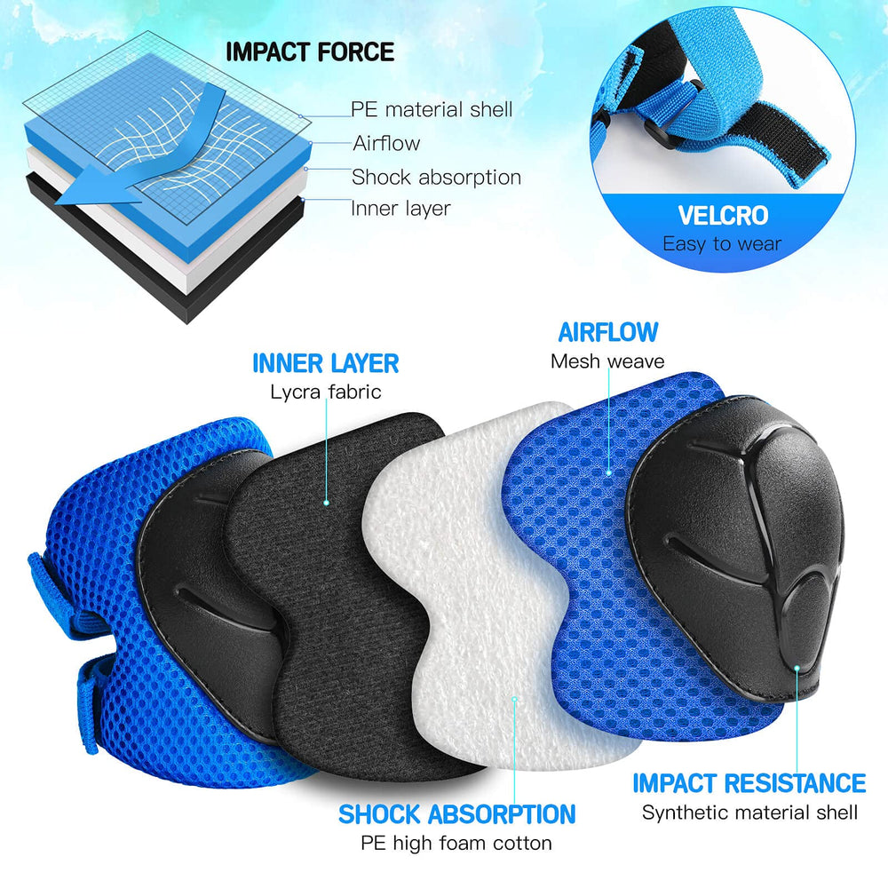 Wemfg knee pads closeup blue, durable shell and cushioned interior for comfort