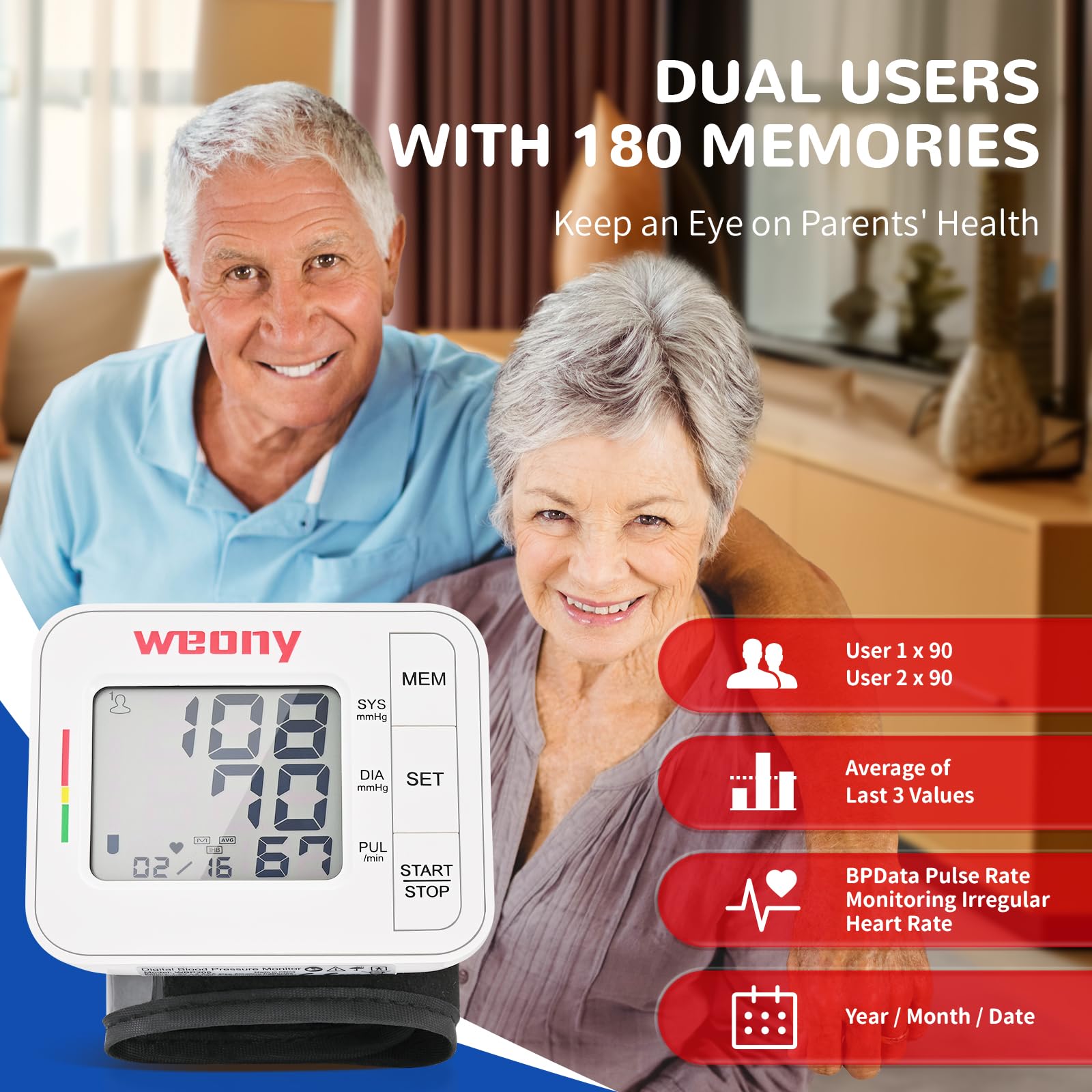 WEONY dual-user memory stores up to 90 readings per user.