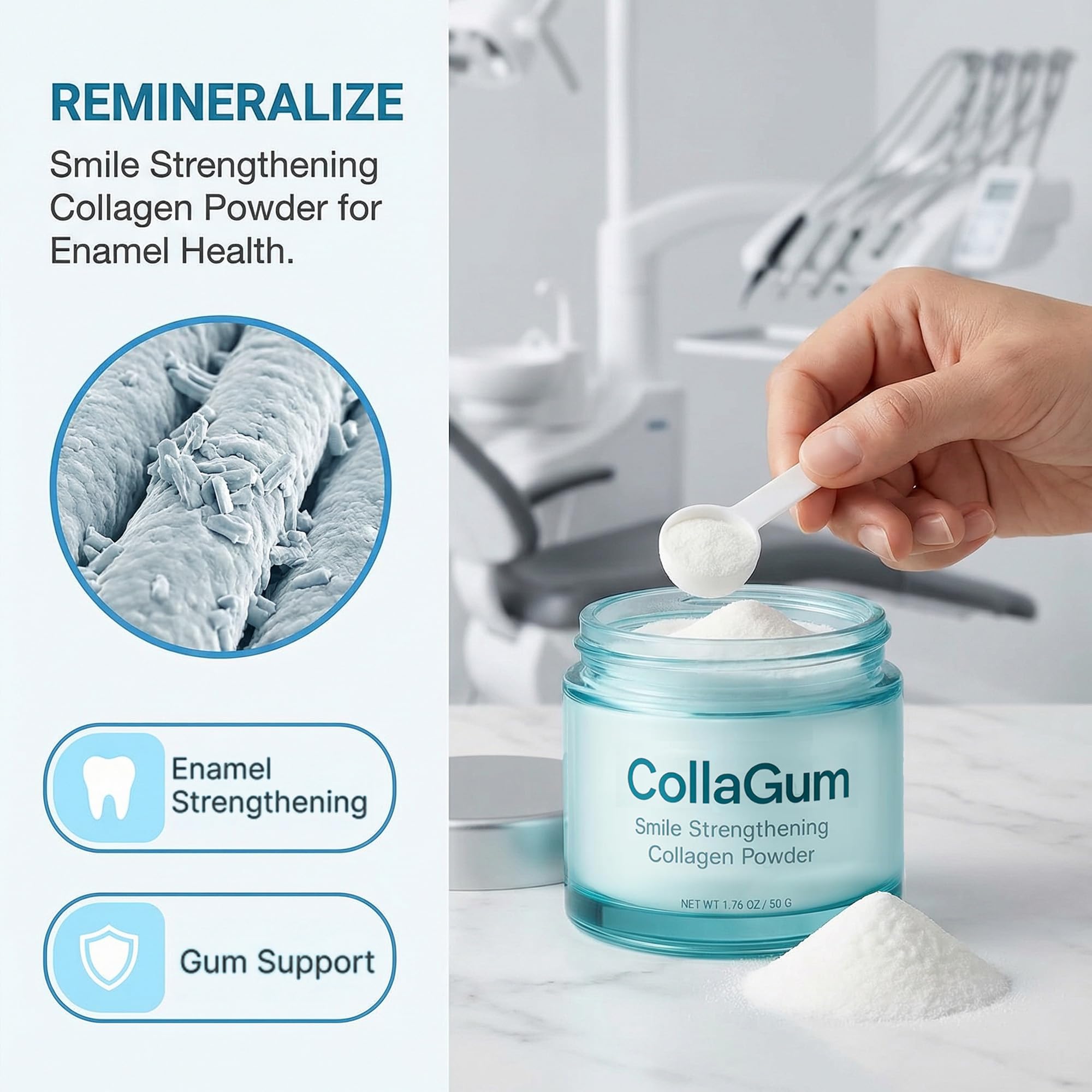 WERANOZ brushing session scene showcasing smooth brushing with collagen-infused powder.