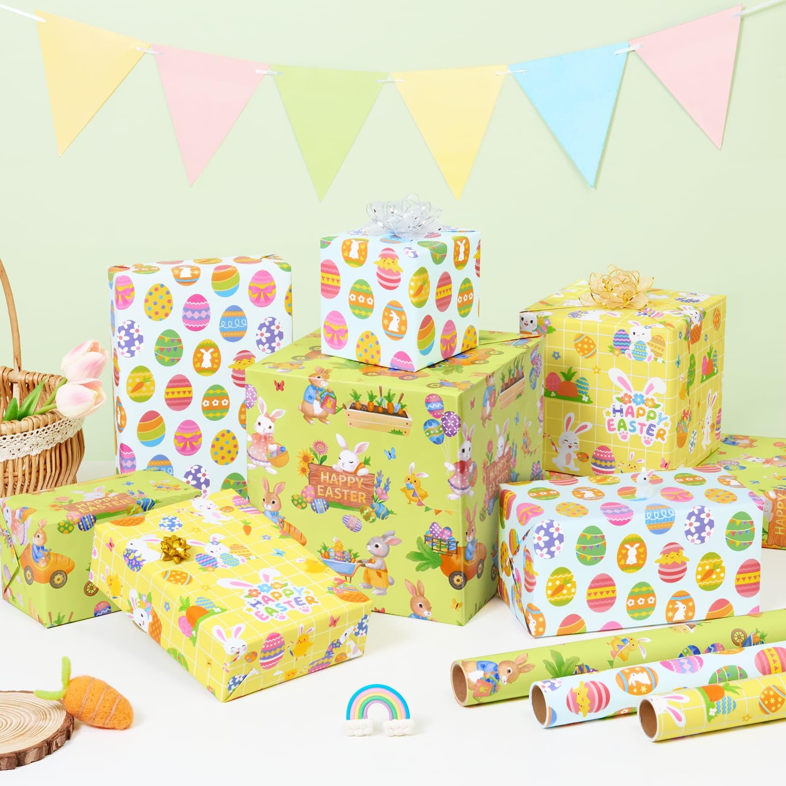 WERNNSAI crease-free roll of Easter wrapping paper ready for wrapping.