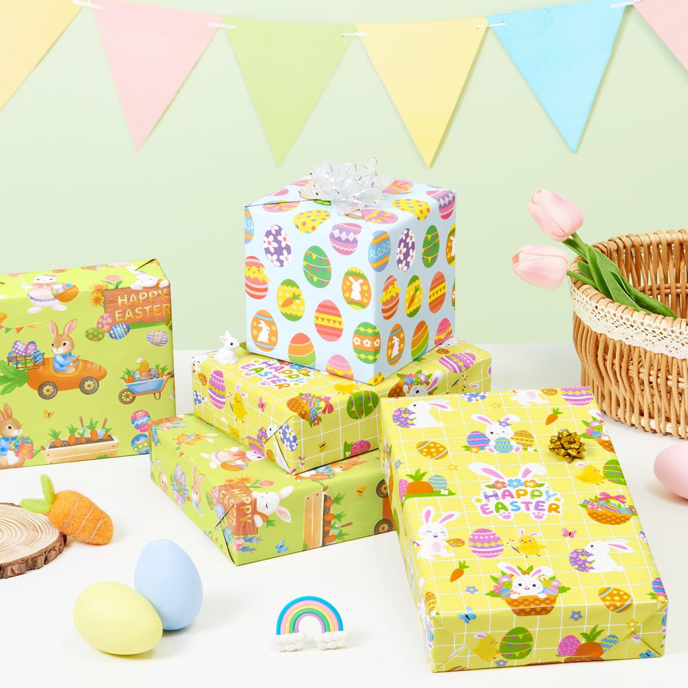 WERNNSAI yellow rabbits wrapping paper featuring carrots for spring birthdays.
