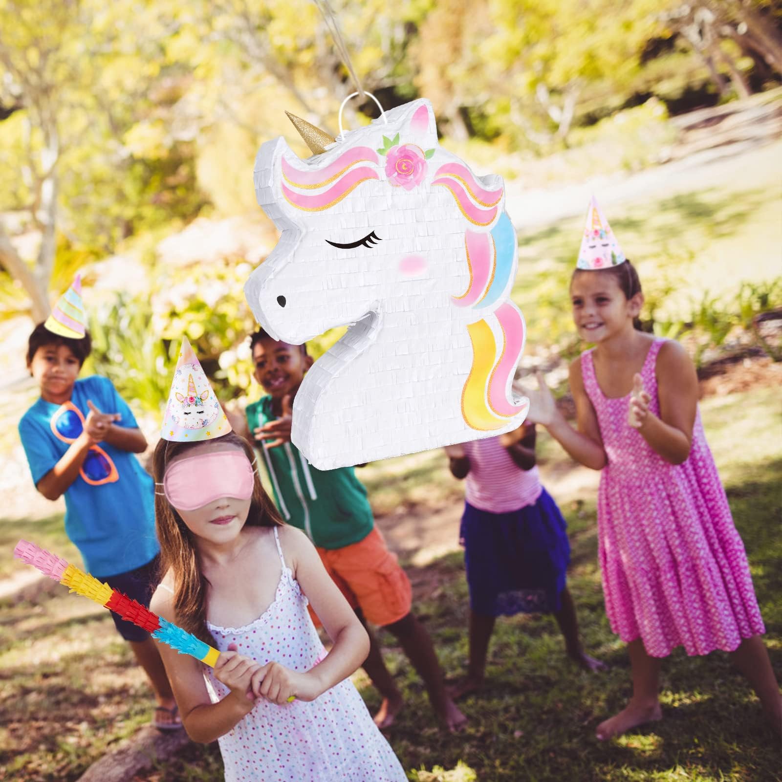 WERNNSAI Unicorn Piñata bat and blindfold set, ready-to-play for kids' parties.
