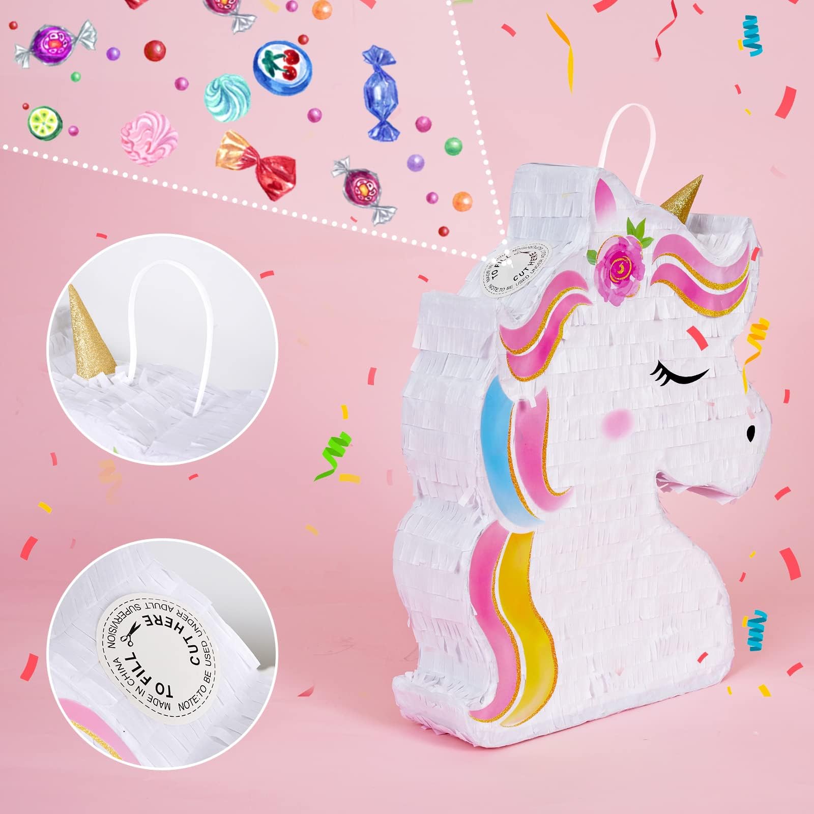 WERNNSAI Unicorn Piñata hanging loop, easy to suspend for convenient party games.