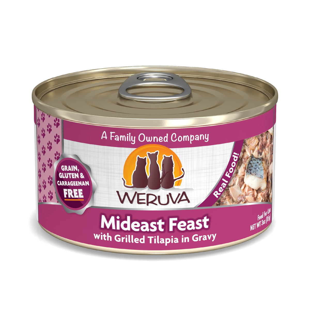Weruva Classic Cat Mideast Feast tilapia in gravy 3oz can pack24, enticing fish flavor for cats.