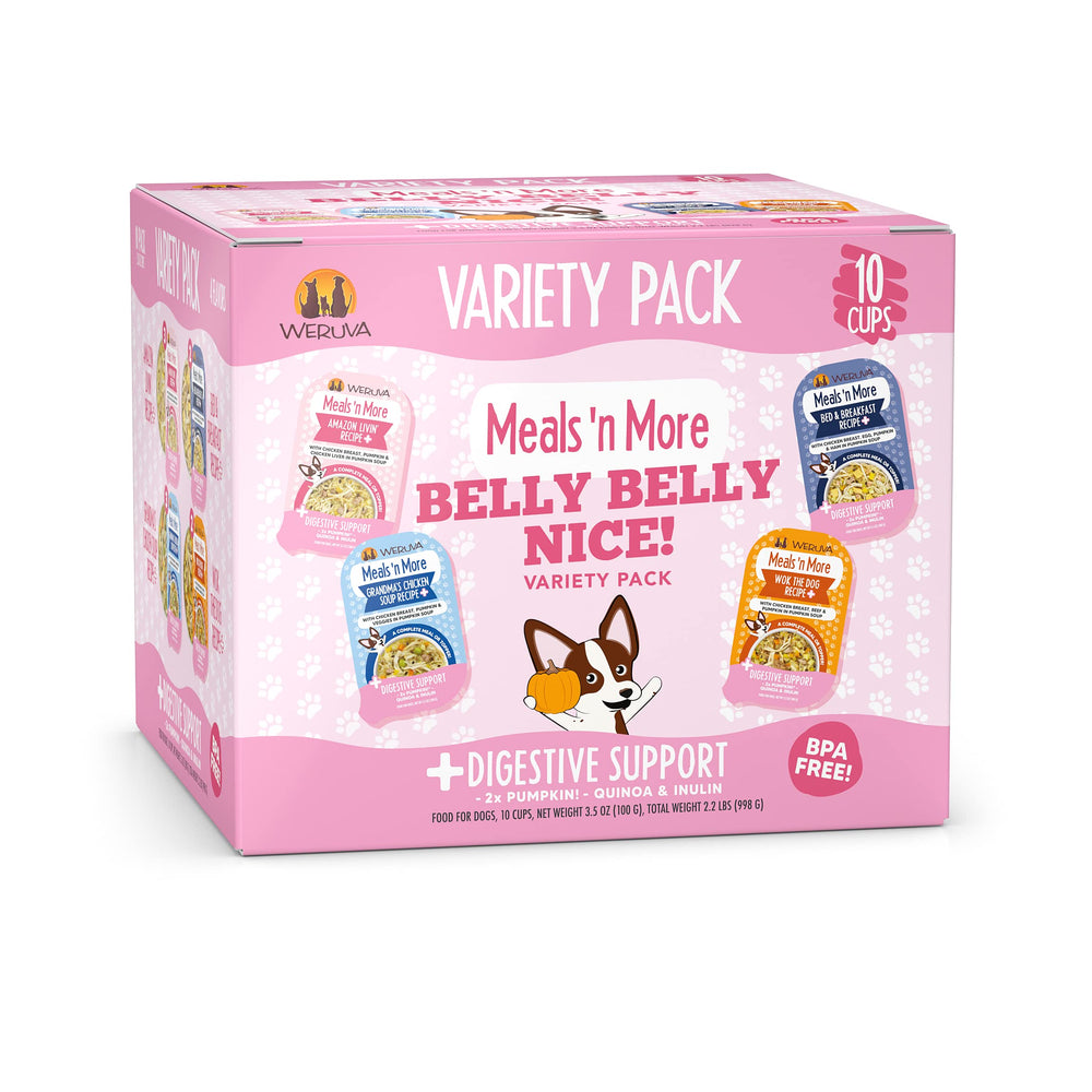 Weruva Meals N More front pack cups showing Belly Belly Nice variety for easy meals