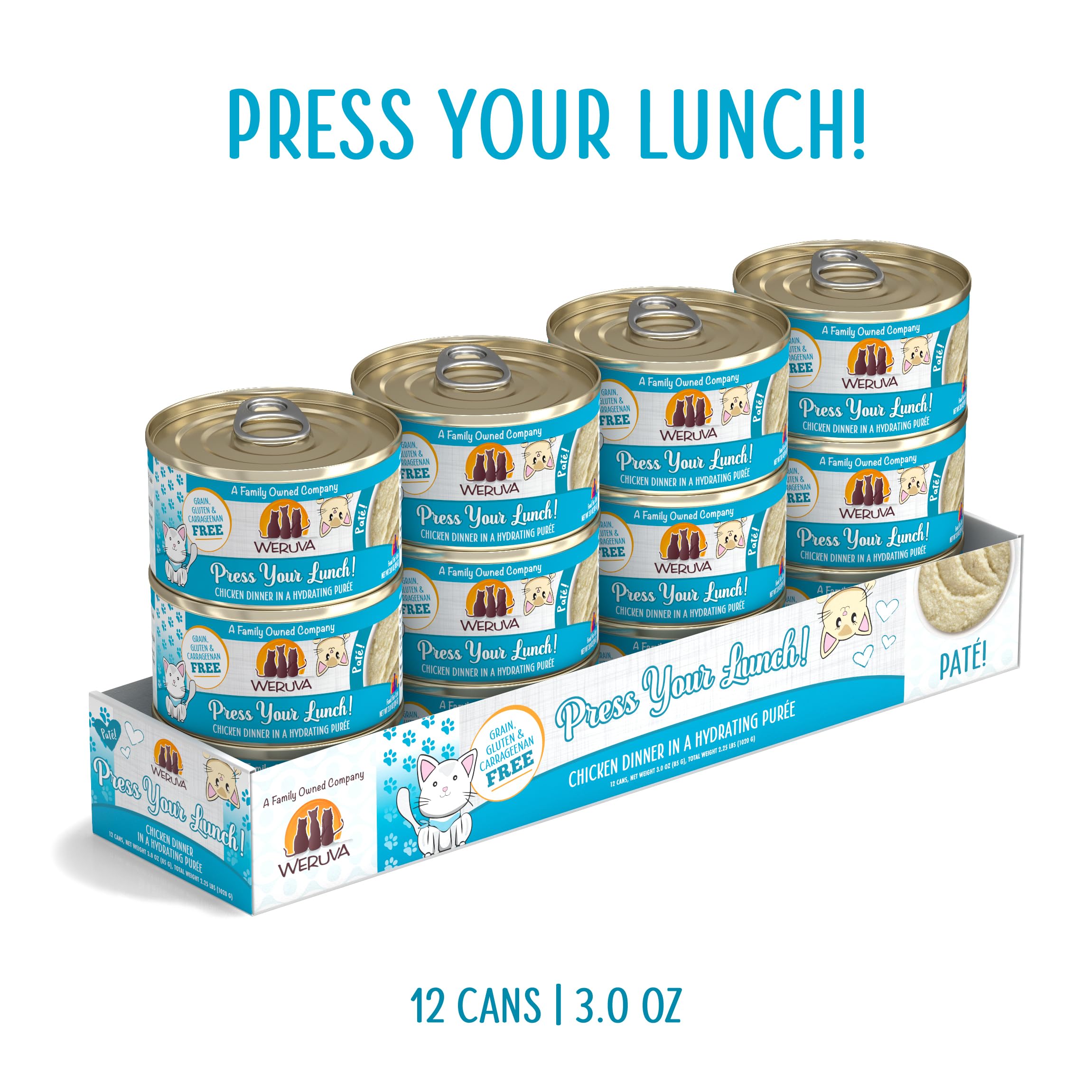 Close-up of Weruva Press Your Lunch can, creamy texture for easy serving.