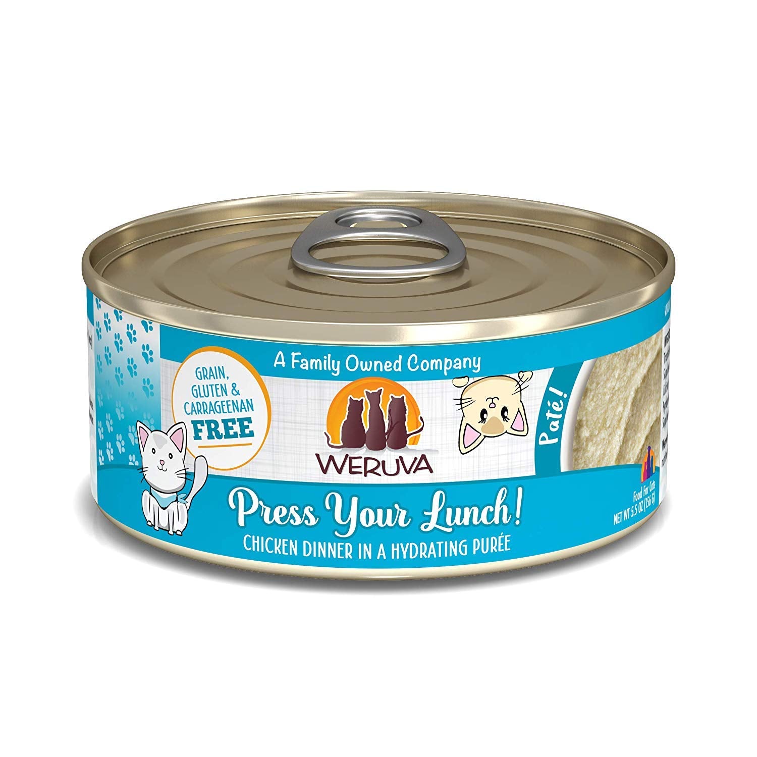 Weruva Press Your Lunch chicken pate can front view showing a smooth paté texture