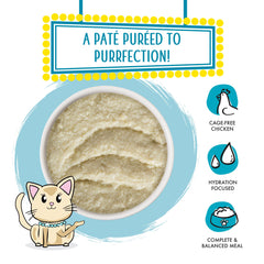 Pouring creamy chicken pate from Weruva, ideal for satisfying kitty mealtime.