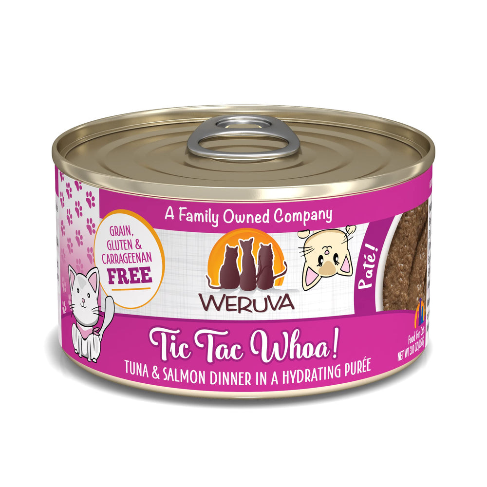 Weruva Tic Tac Whoa tuna-salmon pate can front, premium cat meal