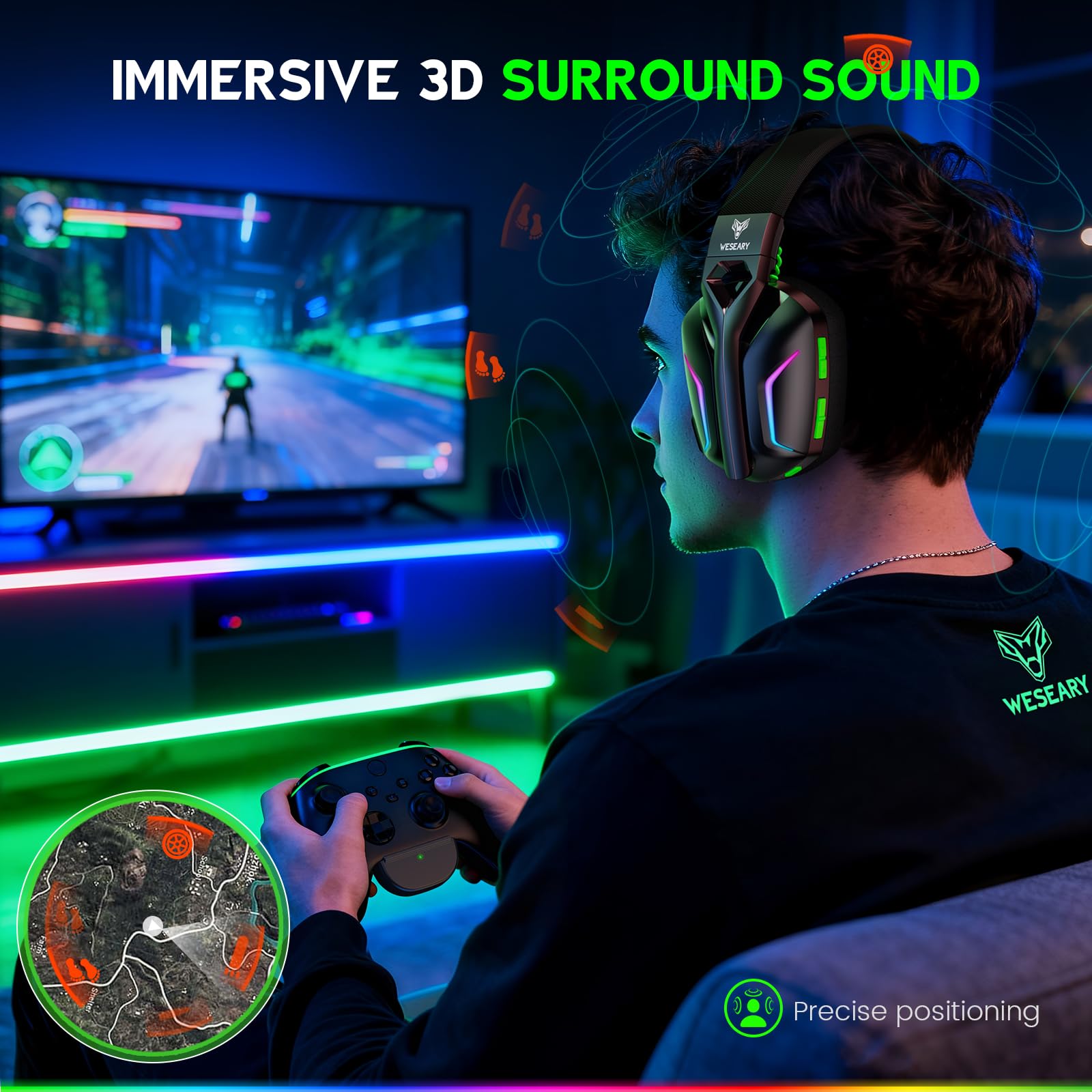WESEARY headset with active LED lighting for dynamic ambience while gaming.