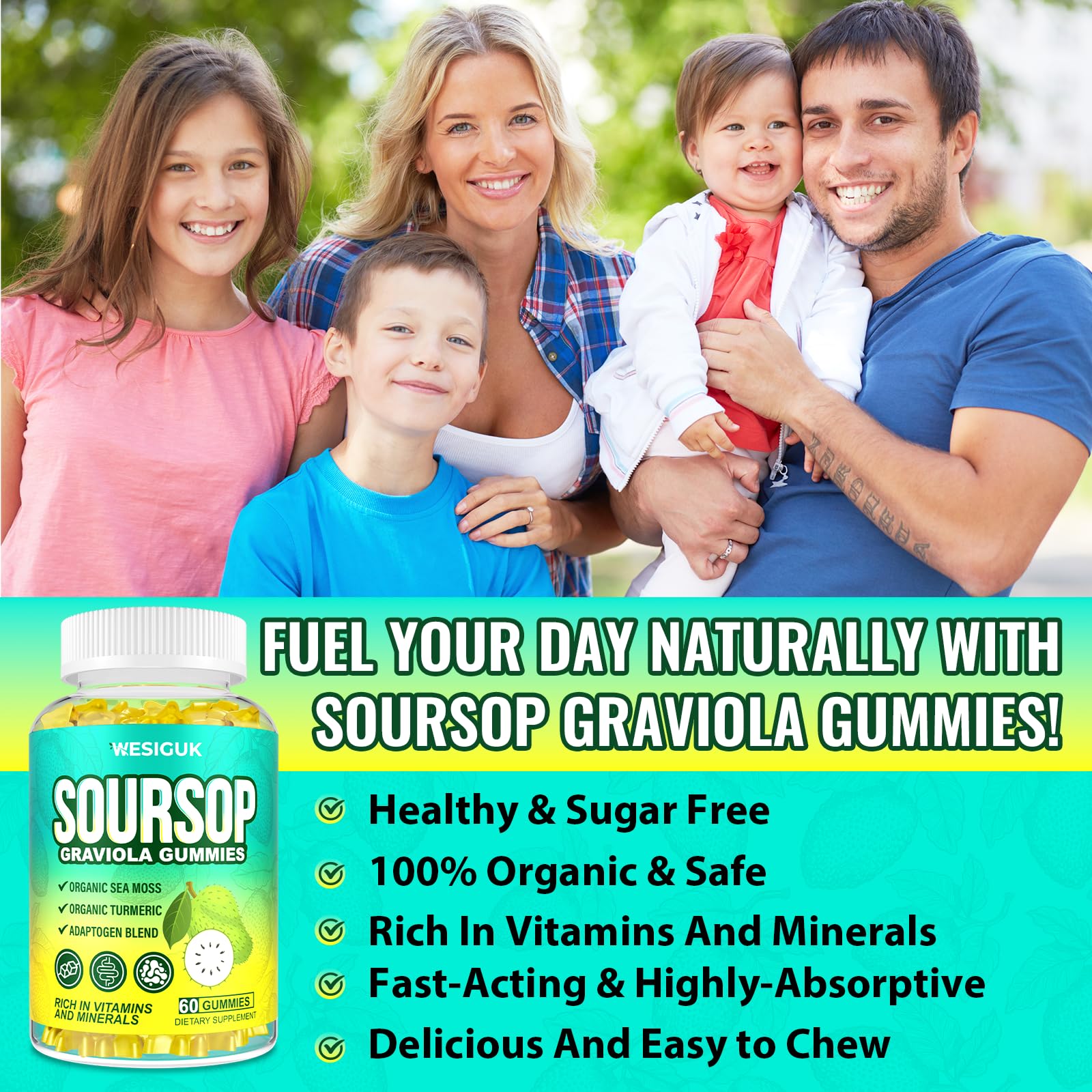 Packaging label highlighting organic and non-GMO Wesiguk gummies