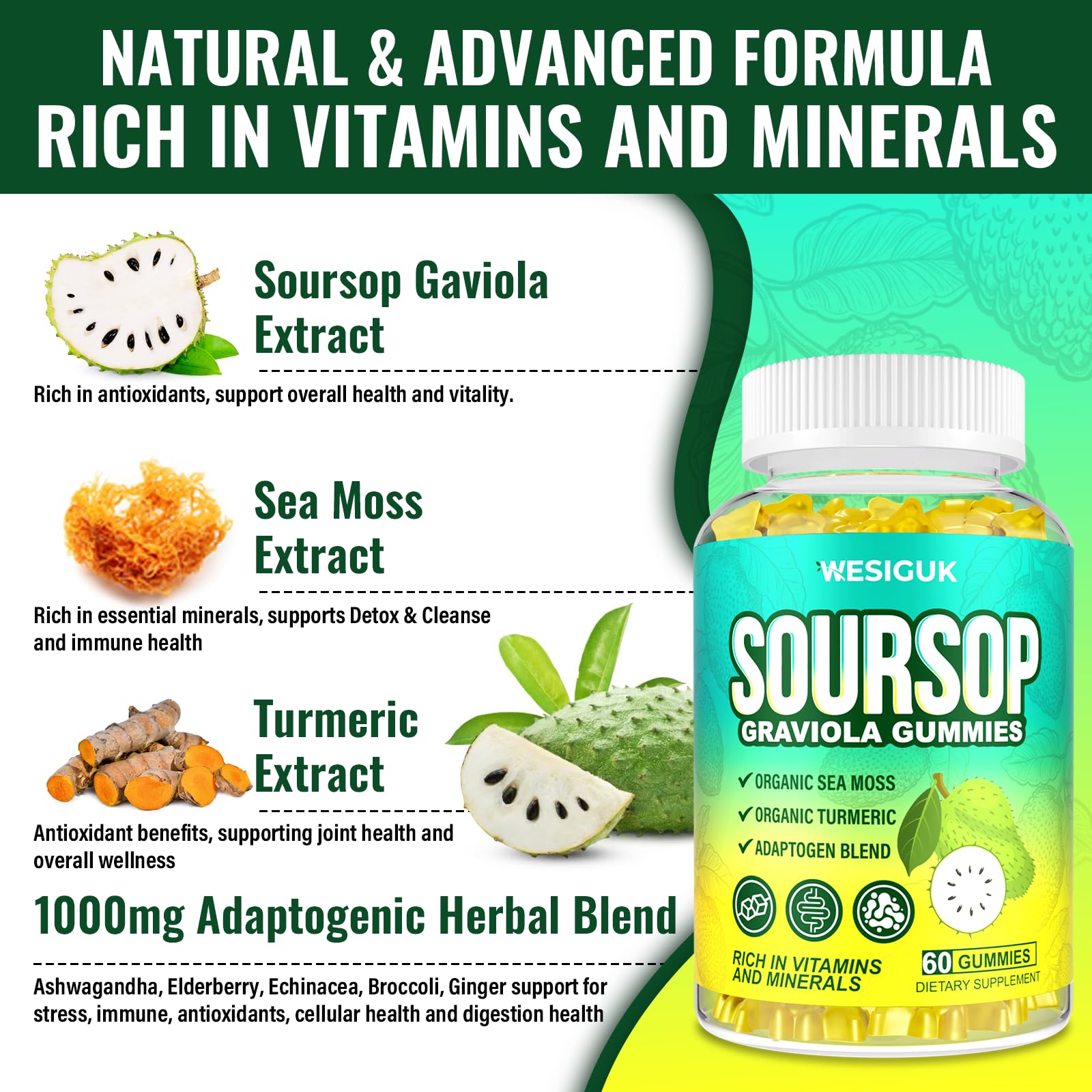 Illustration of turmeric, ashwagandha, and elderberry in Wesiguk formula