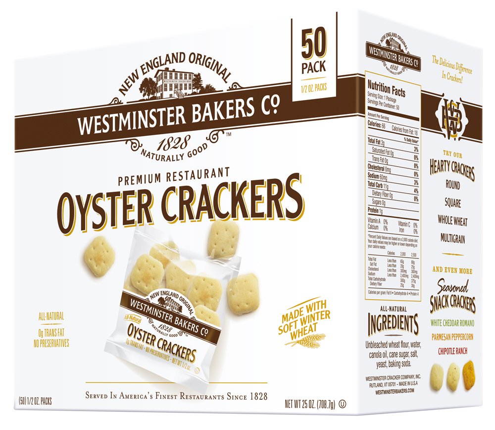 Westminster Bakers Company Oyster Crackers 25oz pack front view, ideal for soups and salads.