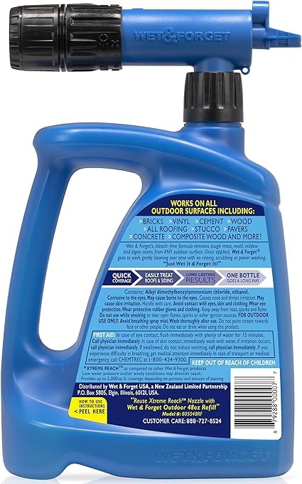 Wet & Forget extreme reach nozzle on hose for hard-to-reach areas.