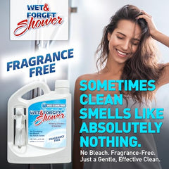 Wet & Forget Shower Cleaner applied on tile, targets grime without harsh fumes.