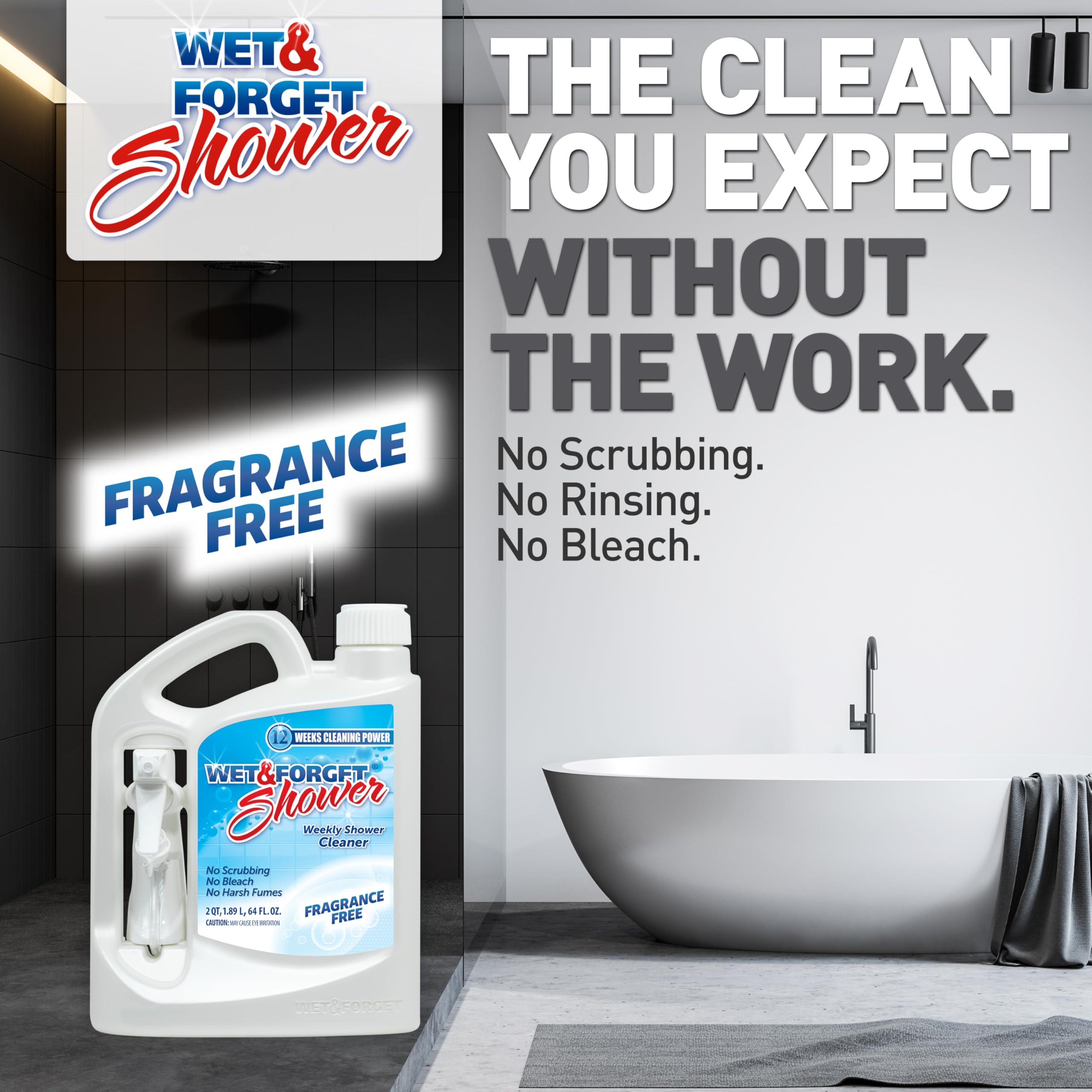 Wet & Forget Shower Cleaner on curtain application, safe for plastic shower curtains.