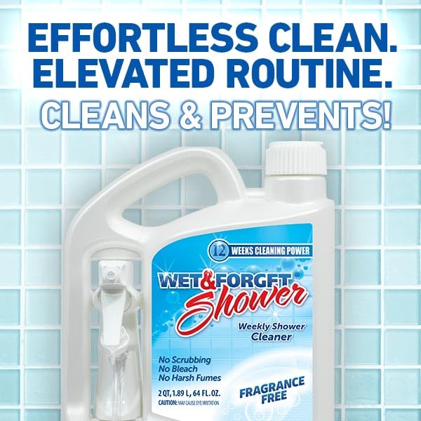 Wet & Forget shower surface after spray on glass, promoting a clean look.