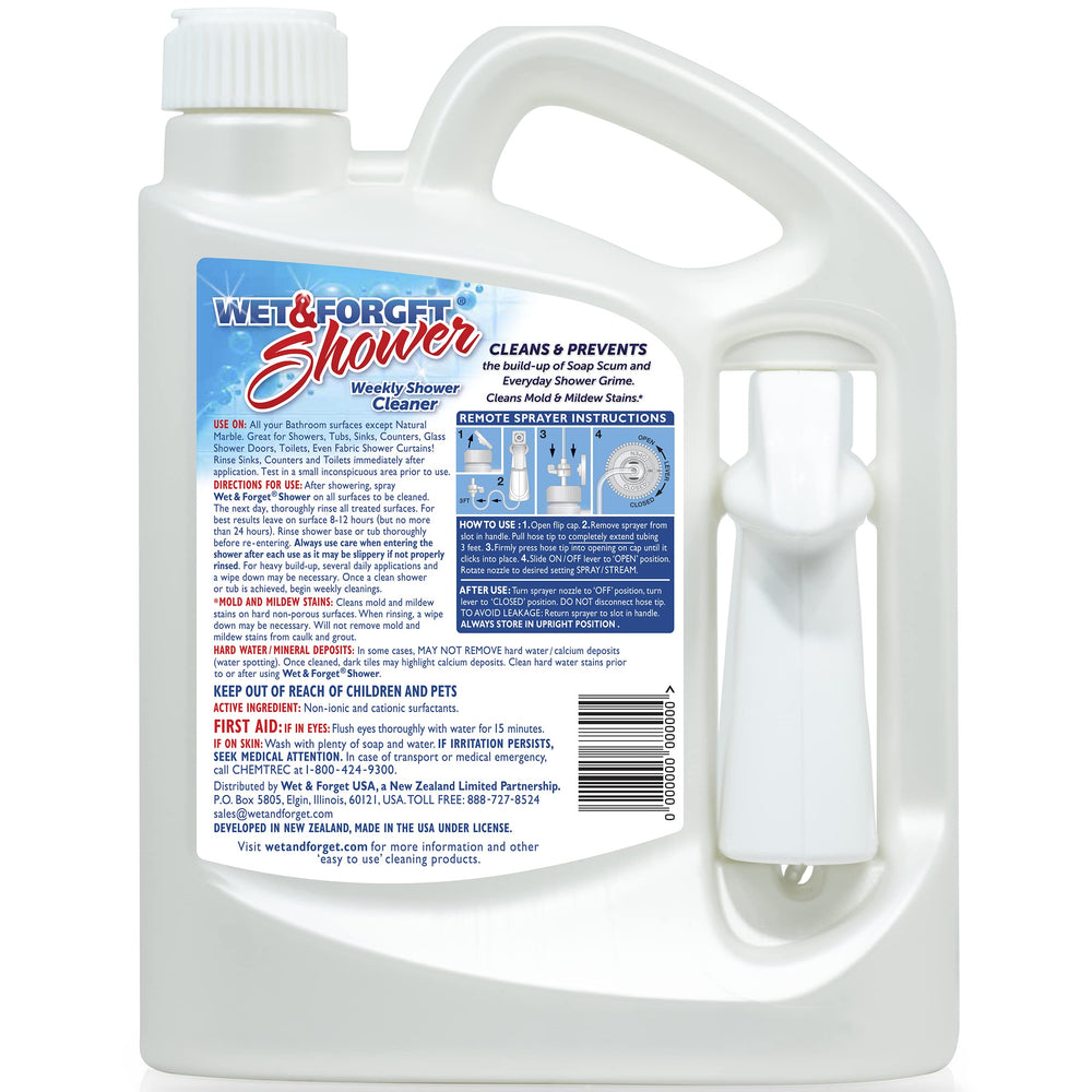 Wet & Forget Shower Cleaner bottle highlights no-scrub action for soap scum removal.