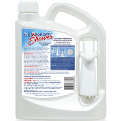 Wet & Forget Shower Cleaner bottle highlights no-scrub action for soap scum removal.