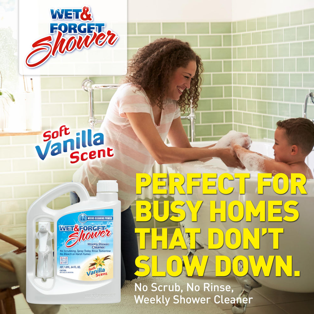 Wet & Forget Shower spray application on tile and glass surfaces.