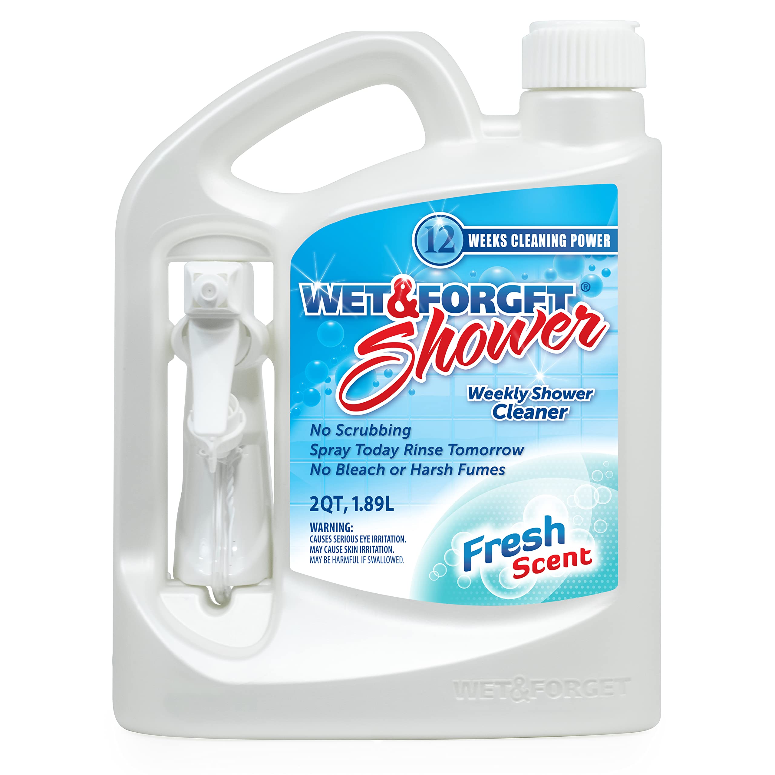 Wet & Forget Shower Cleaner spray bottle shows easy weekly application for a clean bathroom.