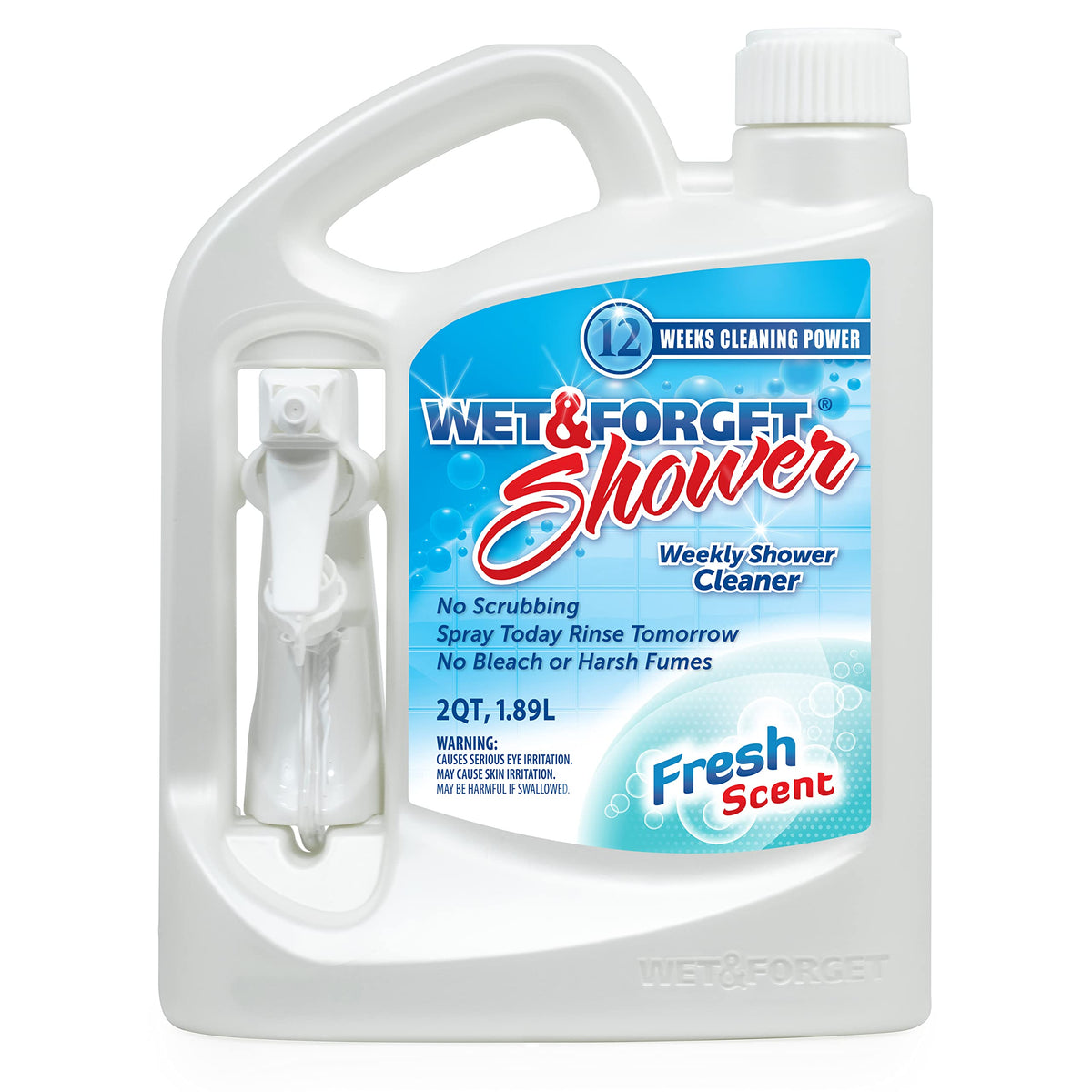 Wet & Forget Shower Cleaner spray bottle shows easy weekly application for a clean bathroom.