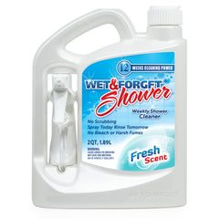 Wet & Forget Shower Cleaner spray bottle shows easy weekly application for a clean bathroom.