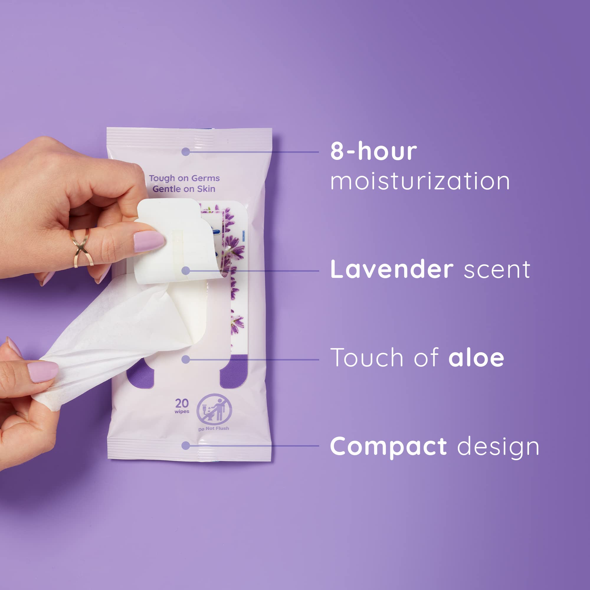Wet Ones lavender wipes being dispensed for easy sanitizing on the go