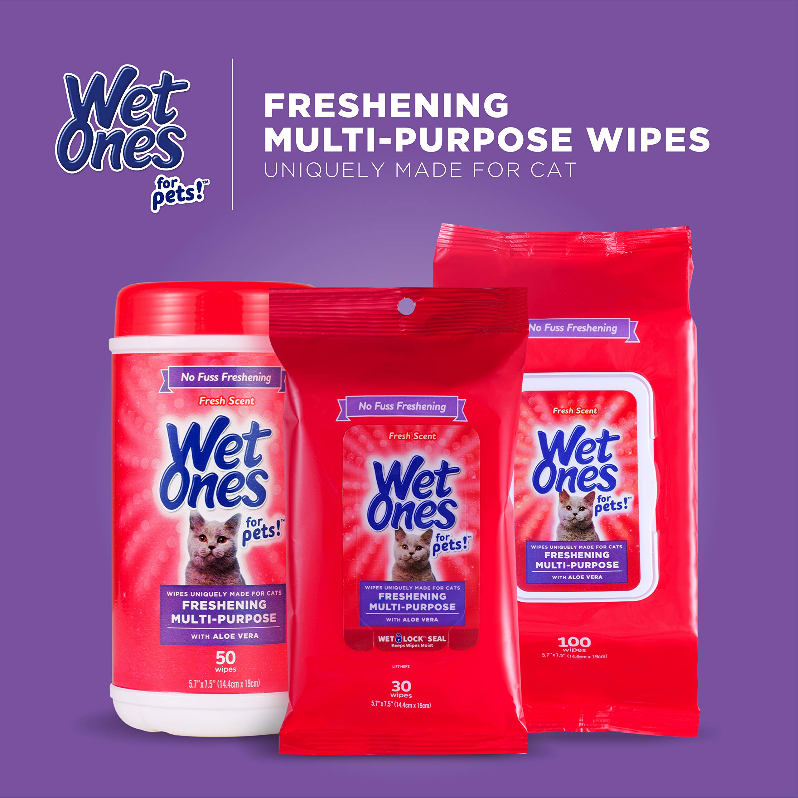 Travel-friendly Wet Ones for Cats wipes for quick cleanups.