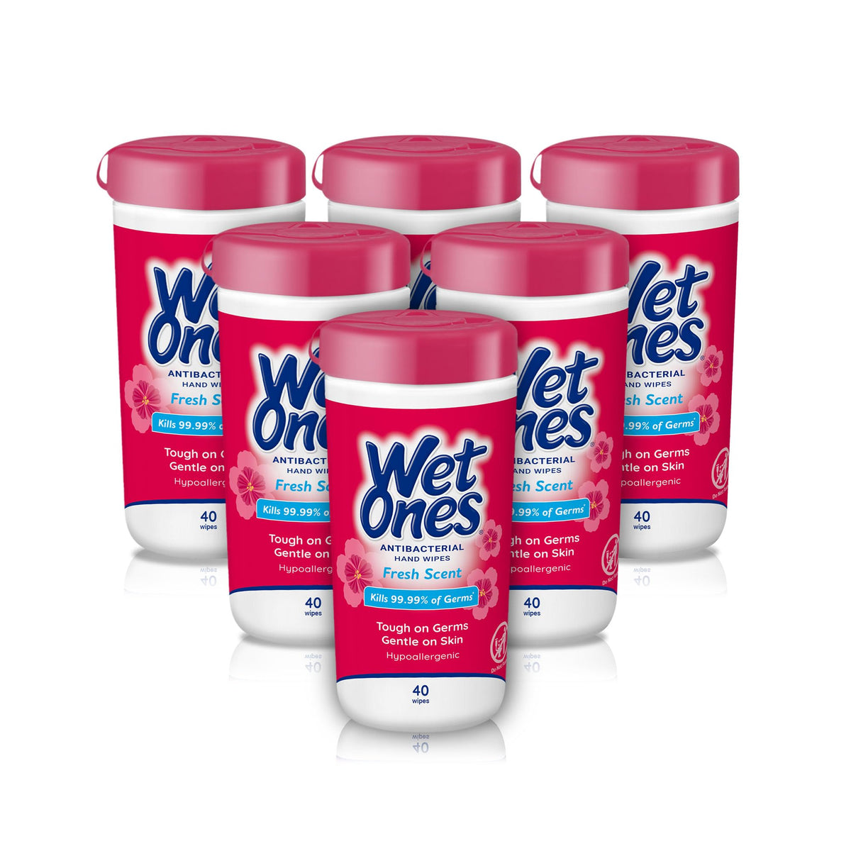 Wet Ones Fresh Scent wipes in a canister closeup for easy germ defense at home.