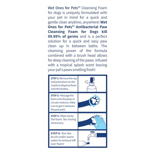 Wet Ones Paw Cleaner foaming solution spreads for thorough paw wash