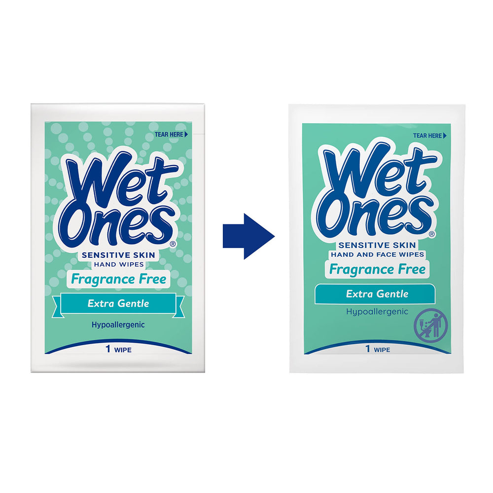 Wet Ones fragrance-free wipe close-up, gentle on sensitive skin for quick cleans.