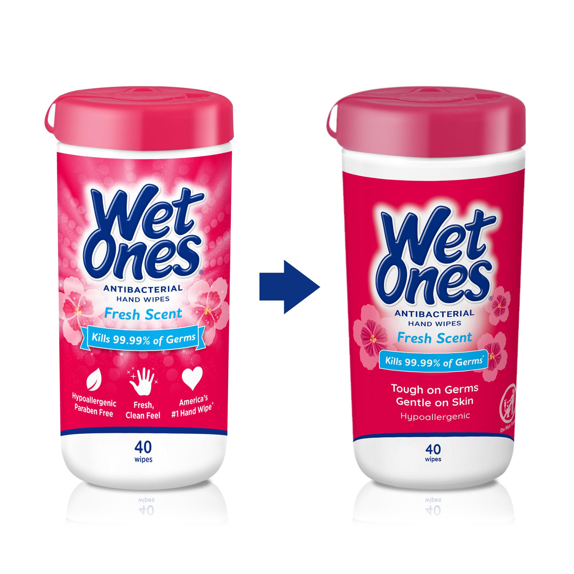 Six-pack Wet Ones includes 40-count canisters for home, office, or travel.