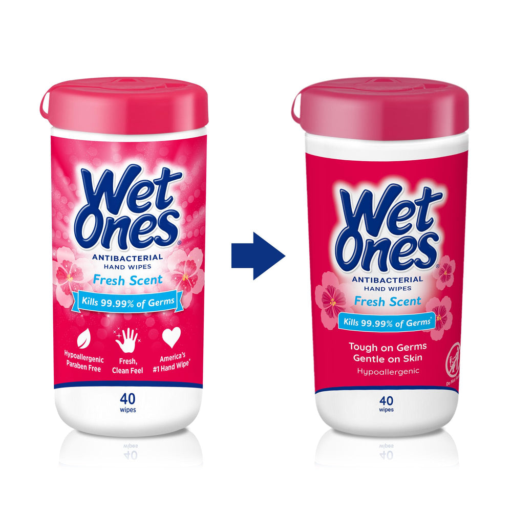 Six-pack Wet Ones includes 40-count canisters for home, office, or travel.