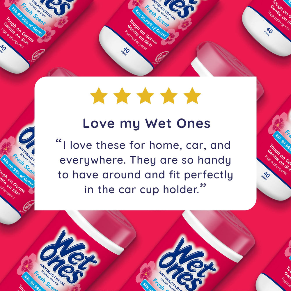 Fresh scent on Wet Ones wipes refreshes hands after meals and errands.