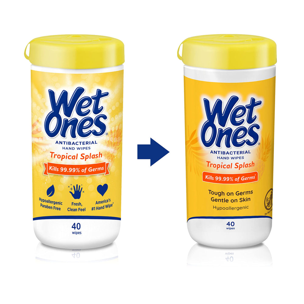 Wet Ones Tropical Splash canister lid keeps wipes fresh for quick use